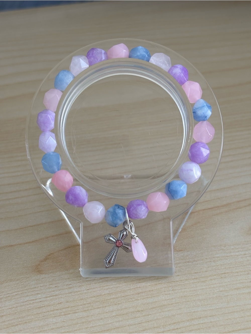 Pastel Chalcedony Stretch Bracelet with Cross Charm